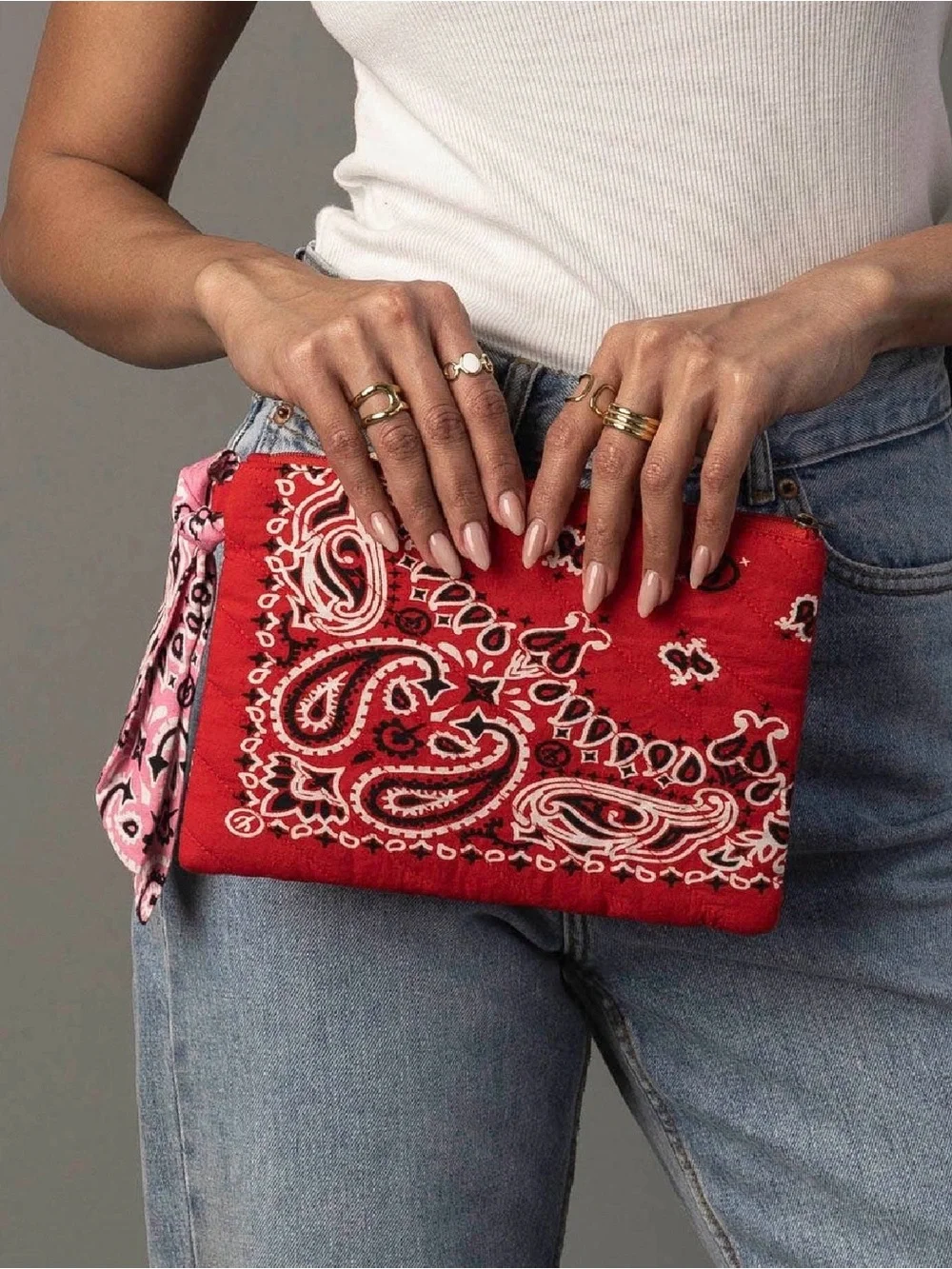 NWT Boho Bandana Paisley Print Contrast Quilted Clutch Bag Red & Pink